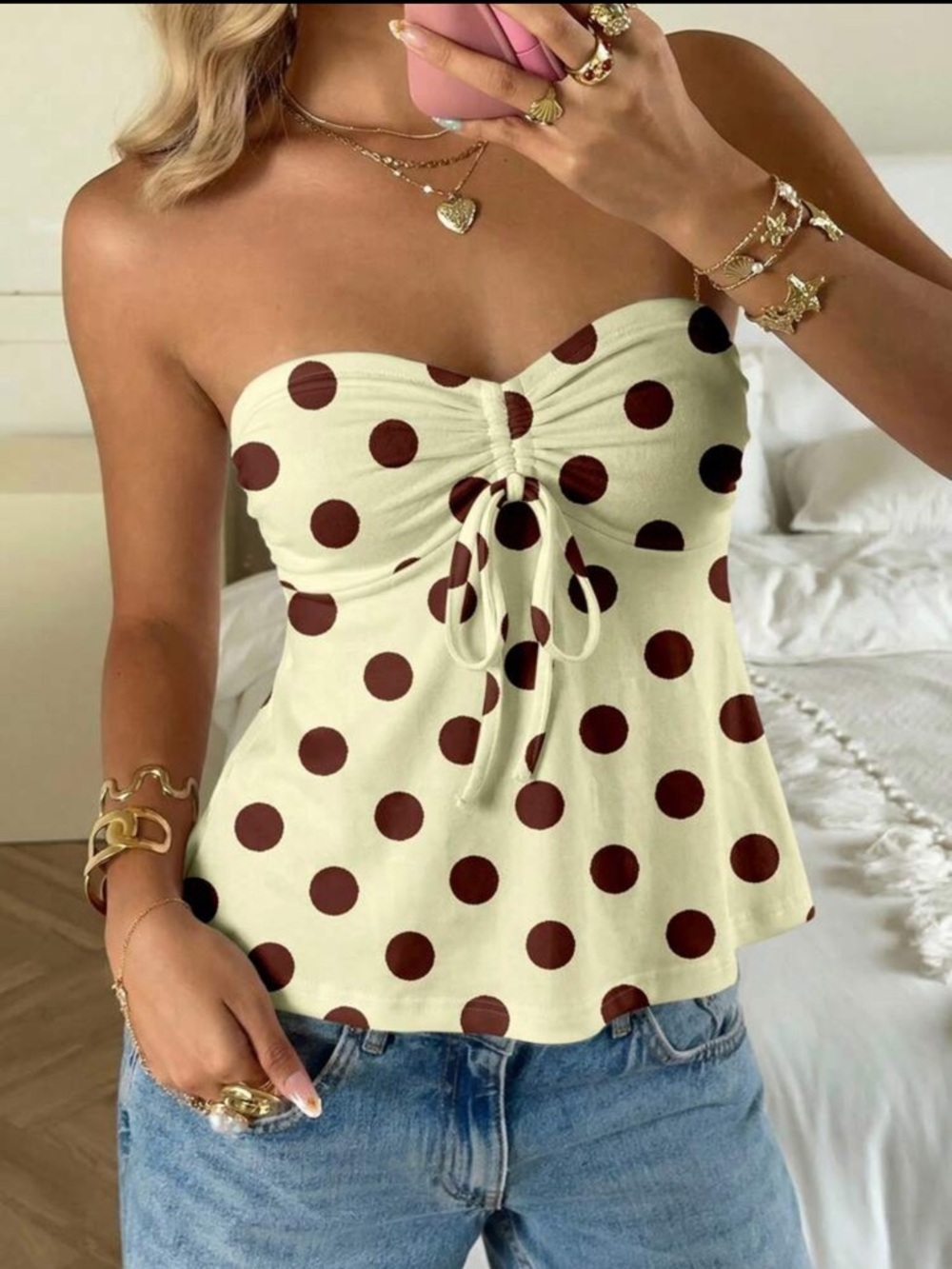 CovetEZ Women's Halter Tie Bow Polka Dot Print Chic Crop Top,